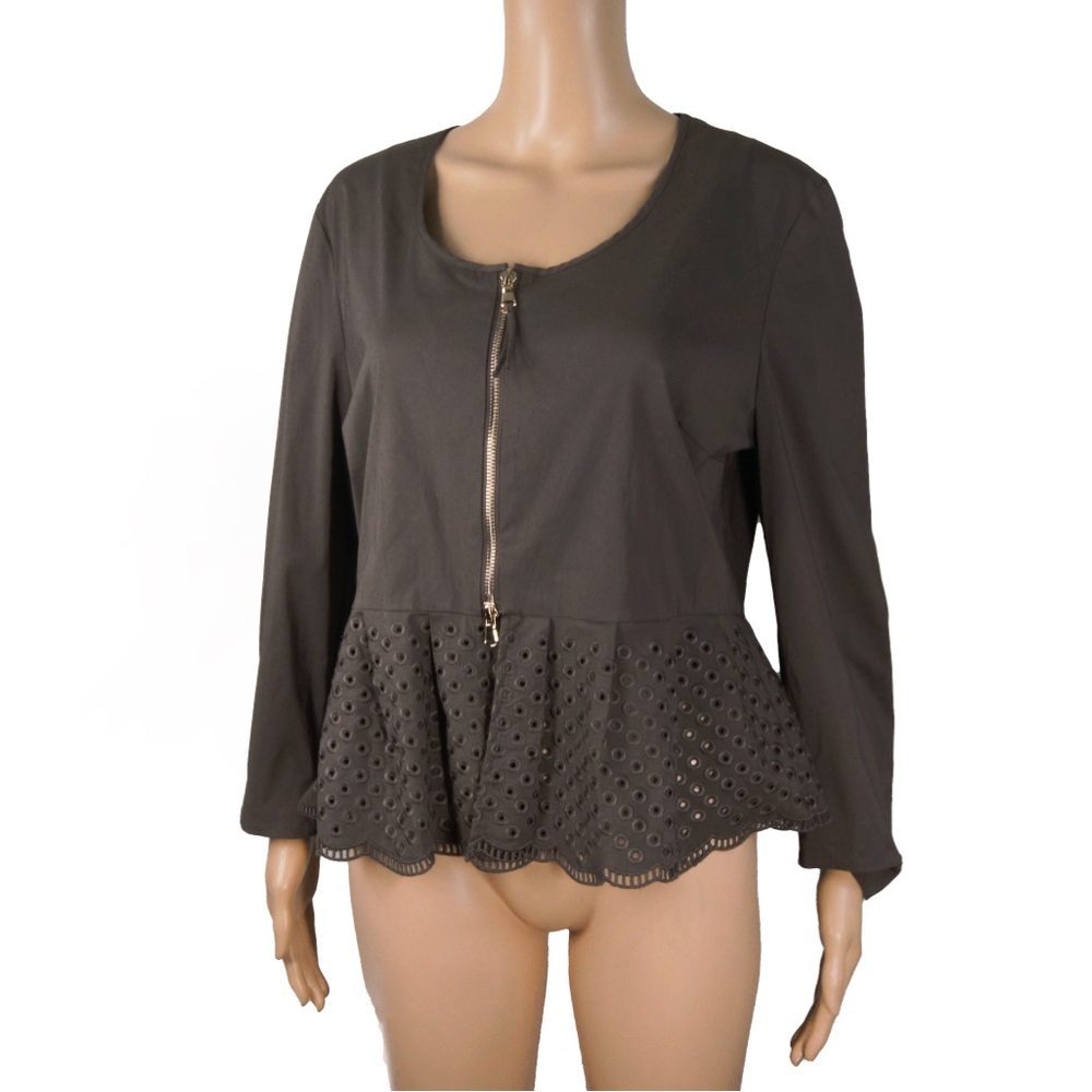 Steffen Schraut Slate Gray Cutout Lace Trim Long Sleeve Blazer Jacket